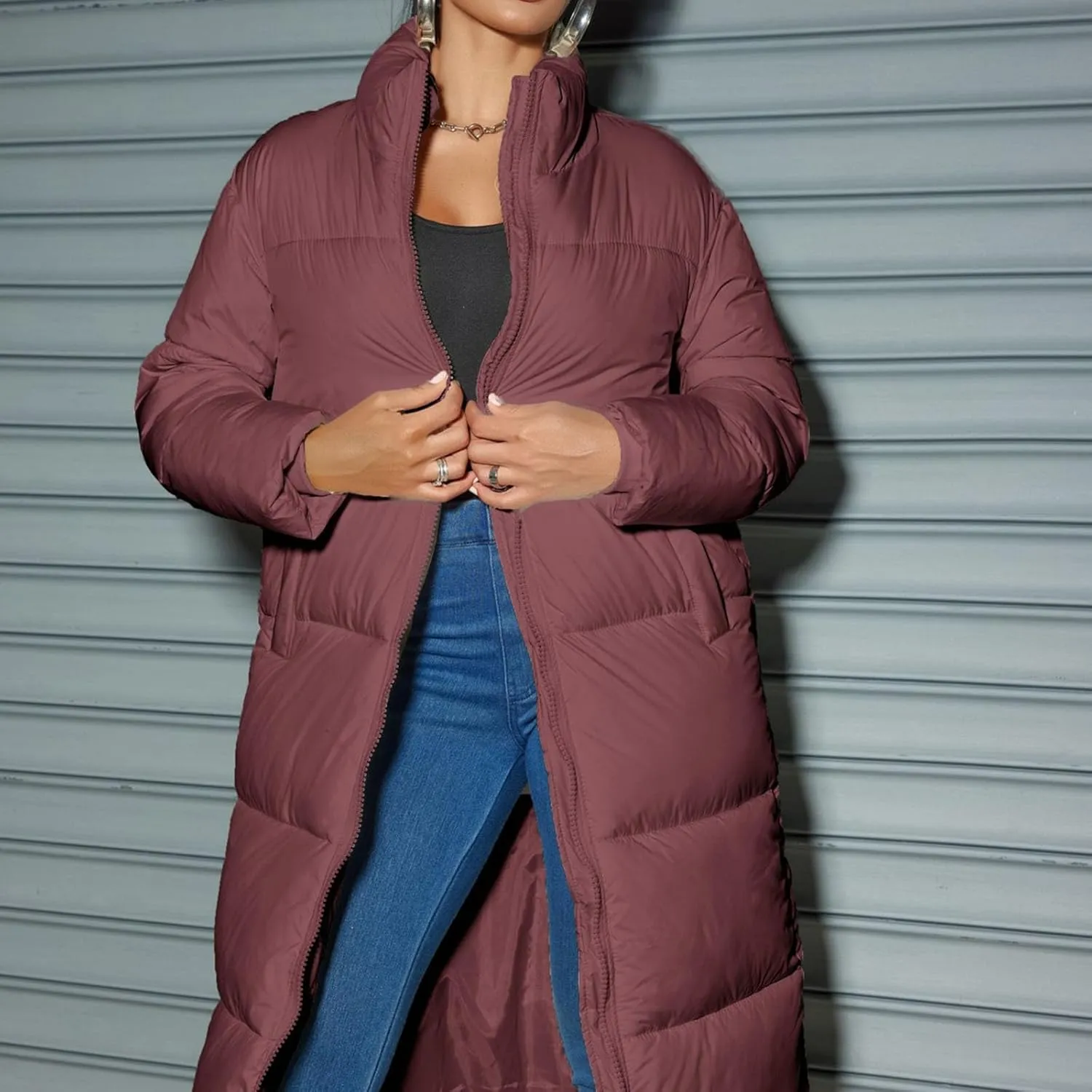 XUNRYAN Womens Maxi Long Puffer Jackets Winter Warm Down Coat Stand Collar Zip Up Quilted Jacket Thick Warm Parka Overcoat