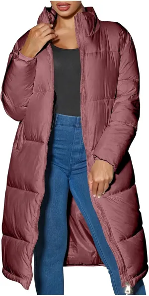 XUNRYAN Womens Maxi Long Puffer Jackets Winter Warm Down Coat Stand Collar Zip Up Quilted Jacket Thick Warm Parka Overcoat
