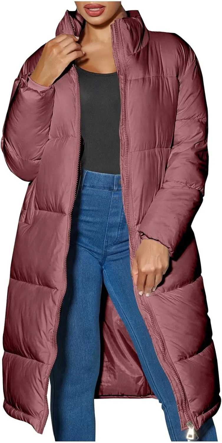 XUNRYAN Womens Maxi Long Puffer Jackets Winter Warm Down Coat Stand Collar Zip Up Quilted Jacket Thick Warm Parka Overcoat