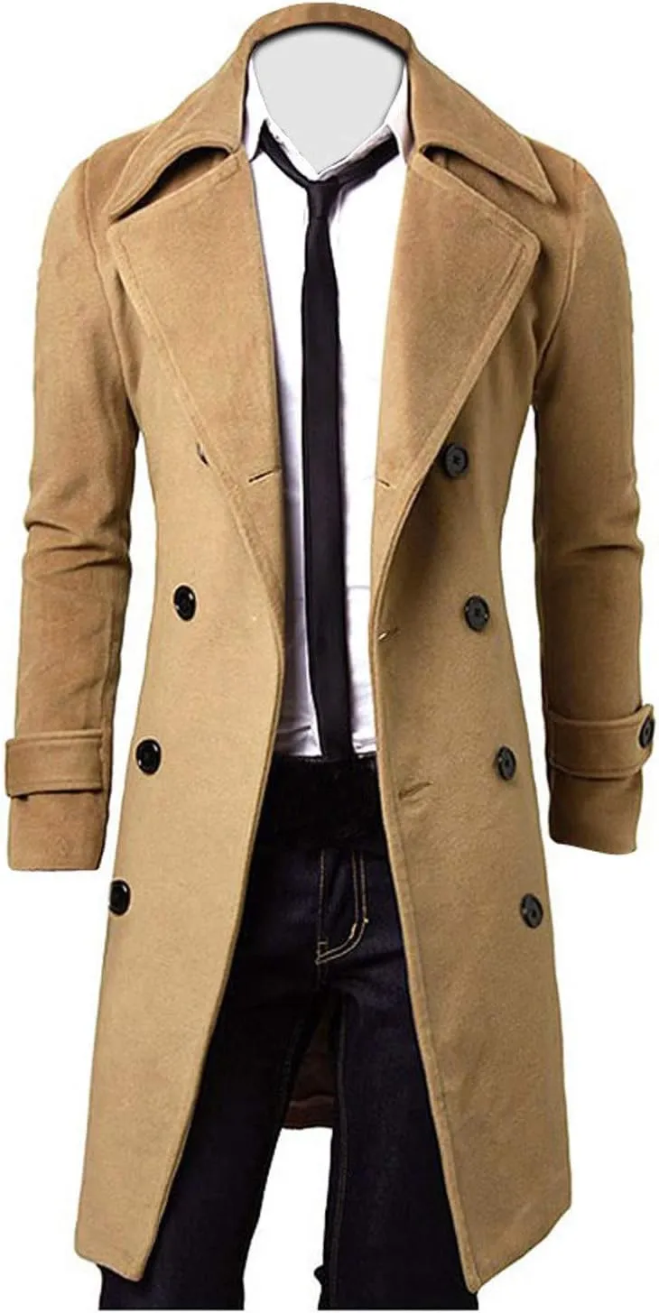 Ymosrh Men's Trench Coat Long Notched Lapel Double Breasted Jacket Overcoat Pea For Men, M-3XL