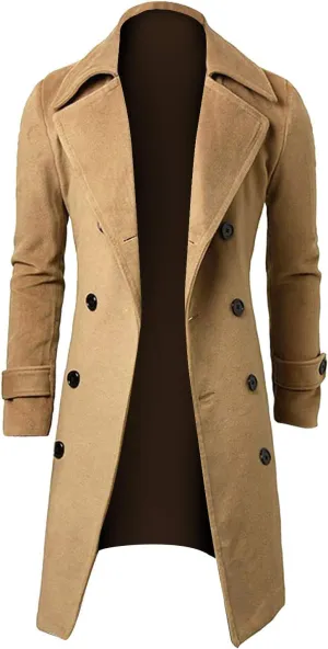 Ymosrh Men's Trench Coat Long Notched Lapel Double Breasted Jacket Overcoat Pea For Men, M-3XL