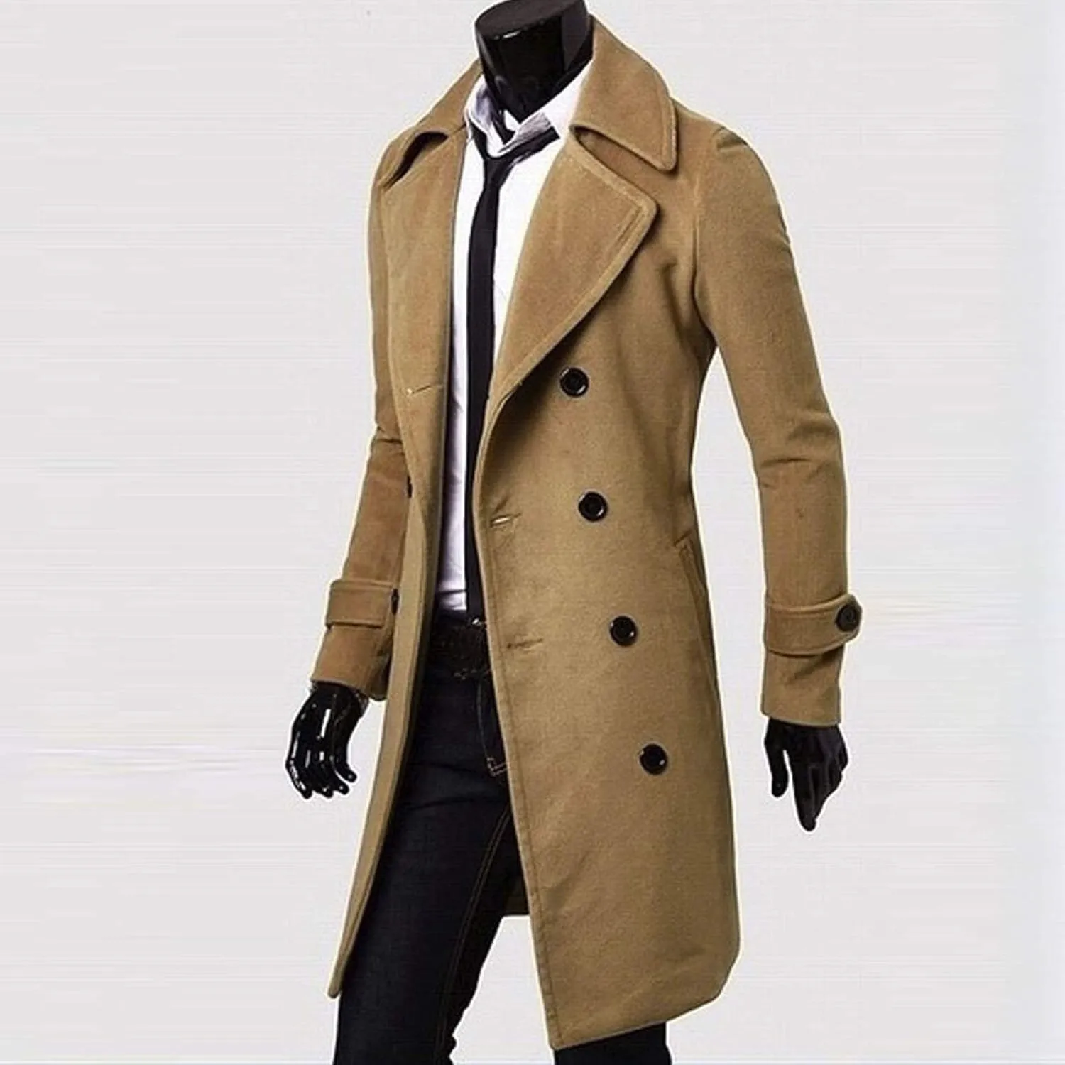 Ymosrh Men's Trench Coat Long Notched Lapel Double Breasted Jacket Overcoat Pea For Men, M-3XL