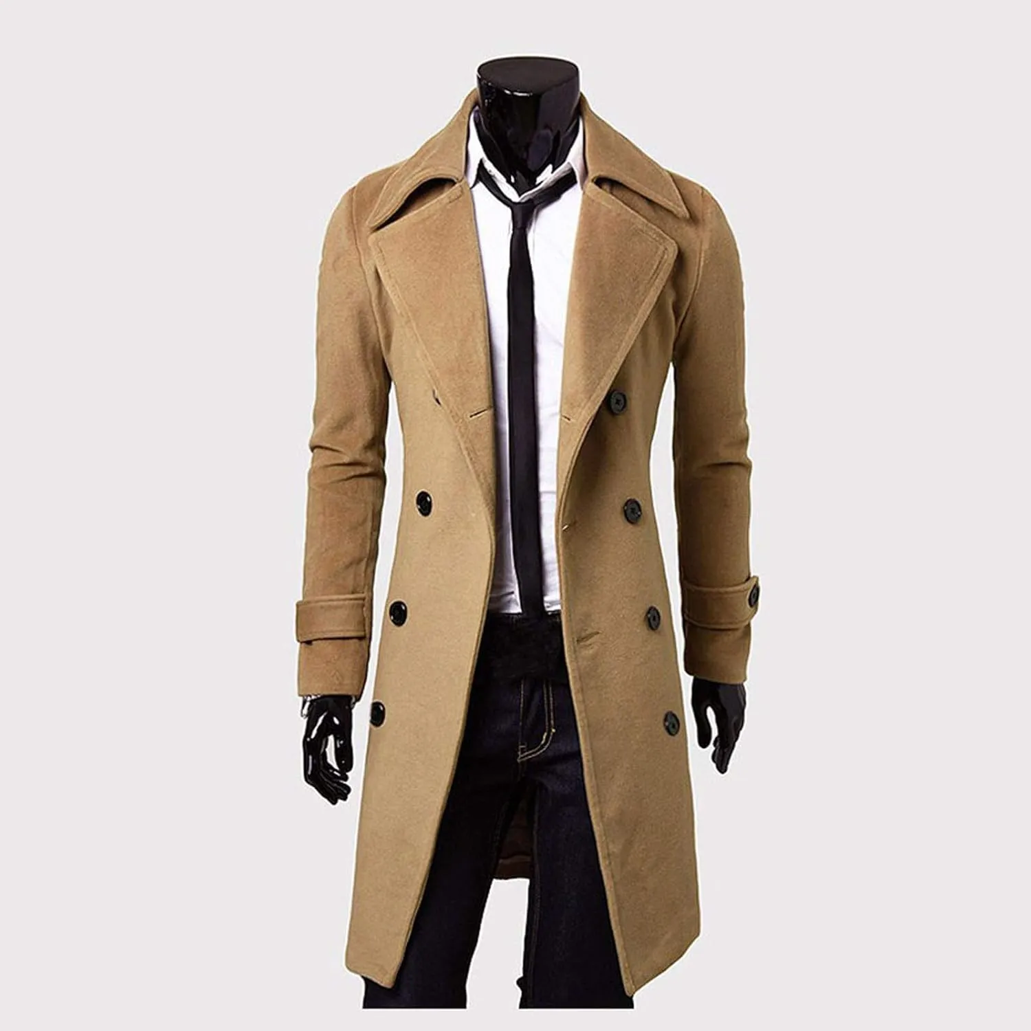 Ymosrh Men's Trench Coat Long Notched Lapel Double Breasted Jacket Overcoat Pea For Men, M-3XL