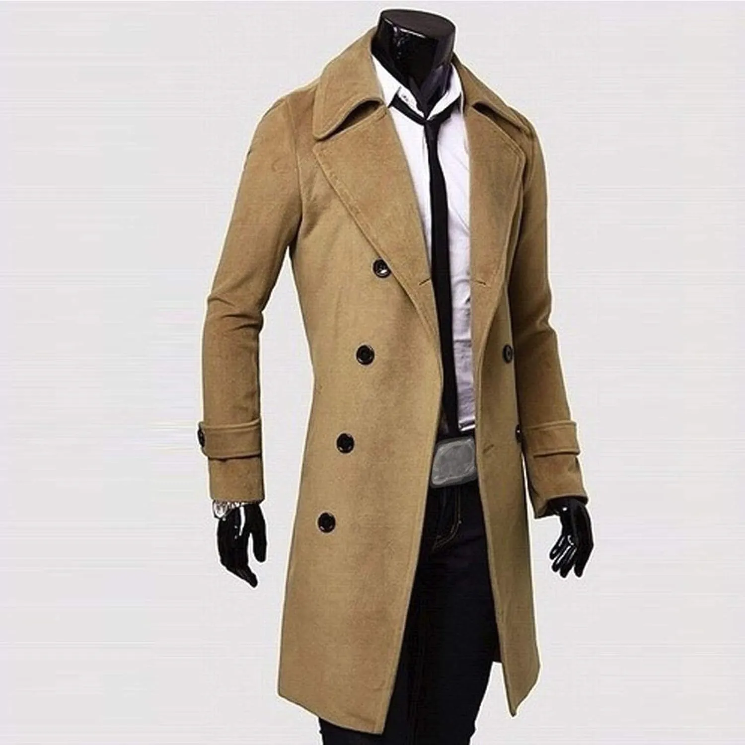 Ymosrh Men's Trench Coat Long Notched Lapel Double Breasted Jacket Overcoat Pea For Men, M-3XL