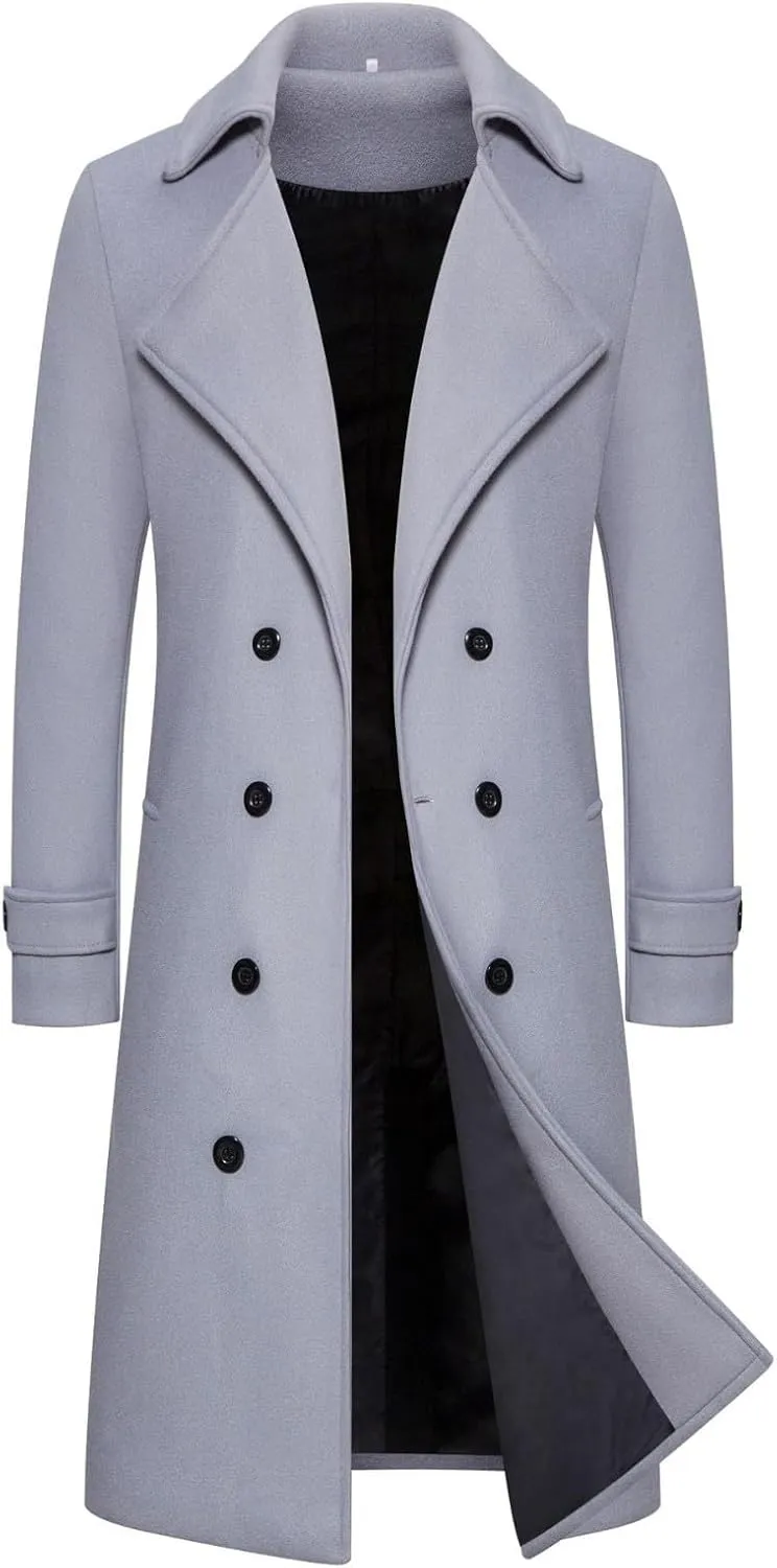 Ymosrh Men's Trench Coat Long Notched Lapel Double Breasted Jacket Overcoat Pea For Men, M-3XL