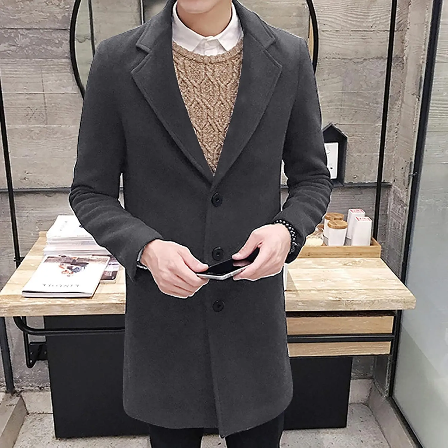 Ymosrh Men's Trench Coat Oversized Notched Long Jacket Coat Single Breasted Lapel Winter Coat, M-5XL