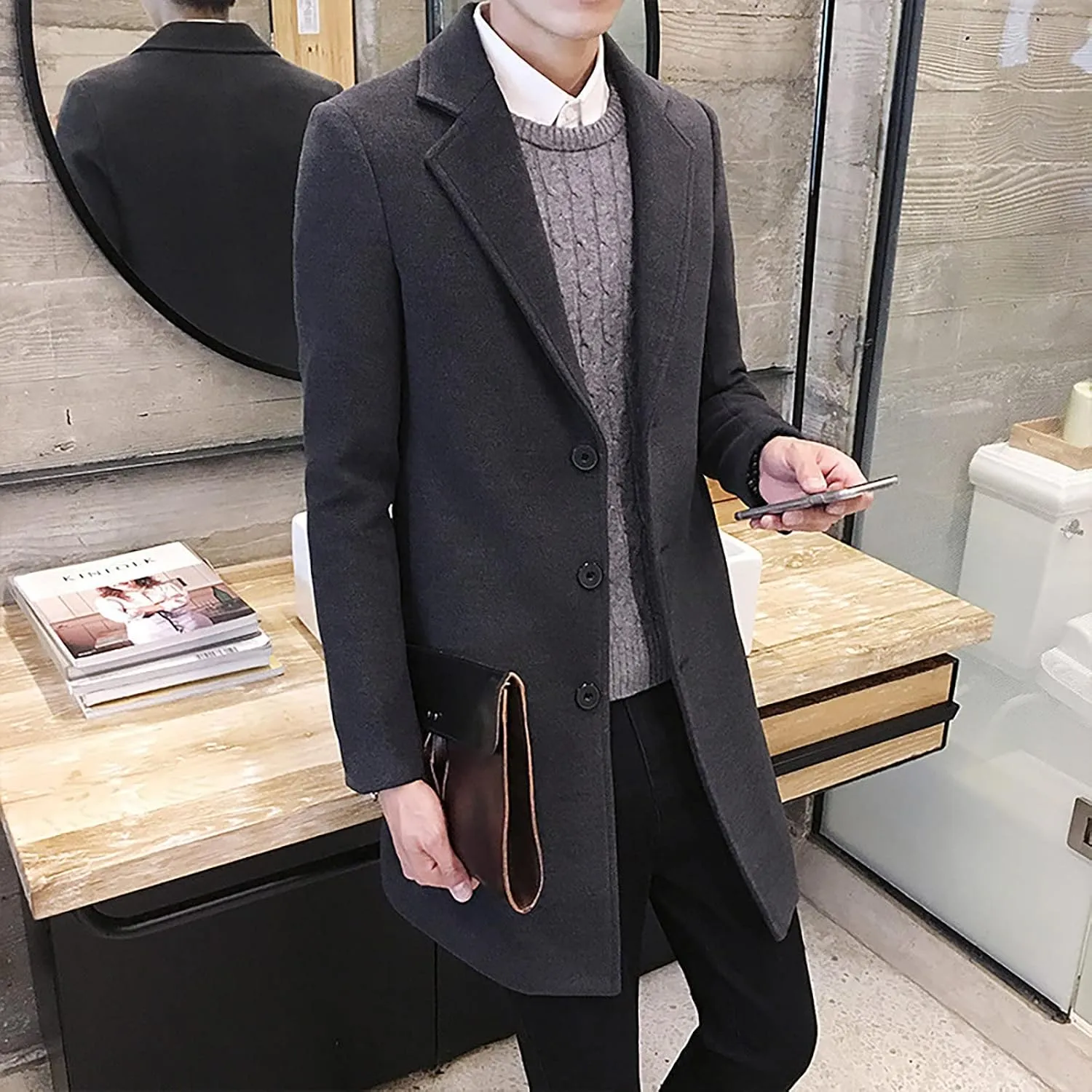 Ymosrh Men's Trench Coat Oversized Notched Long Jacket Coat Single Breasted Lapel Winter Coat, M-5XL