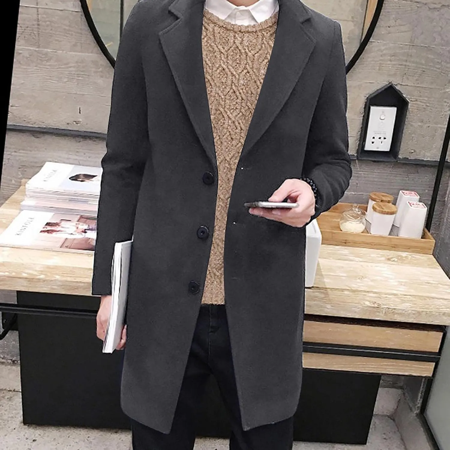 Ymosrh Men's Trench Coat Oversized Notched Long Jacket Coat Single Breasted Lapel Winter Coat, M-5XL