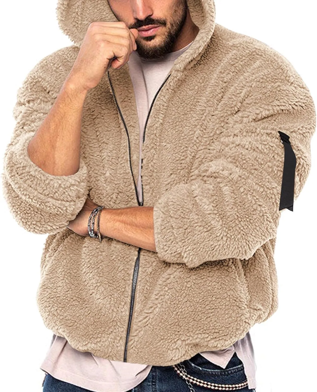 Zeiyignr Men's Sherpa Hoodie Jacket Fleece Lined Zip Up Warm Hoodies Sweatshirt Winter Fluffy Fuzzy Sweater Warm Hooded Coat