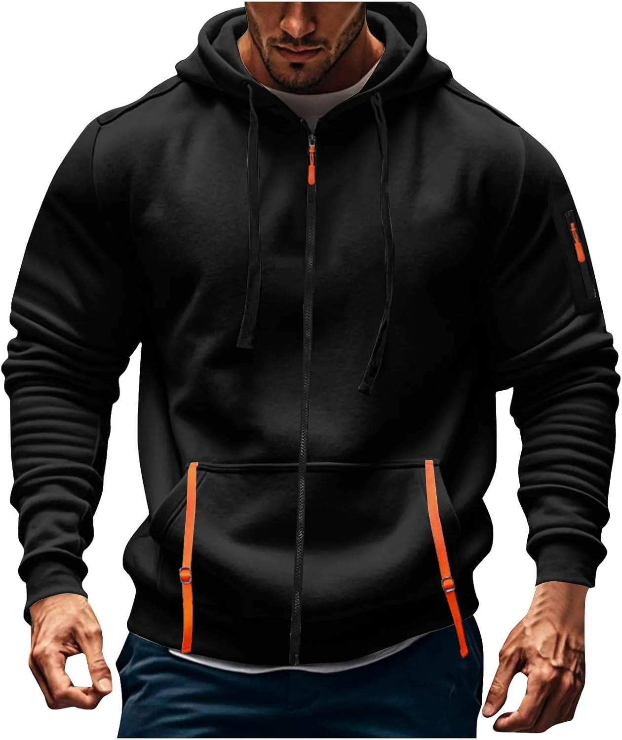 Zip Up Tactical Hoodies for Men Loose Fit Workout Fleece Jacket Big and Tall Cotton Hooded Sweatshirt with Pockets