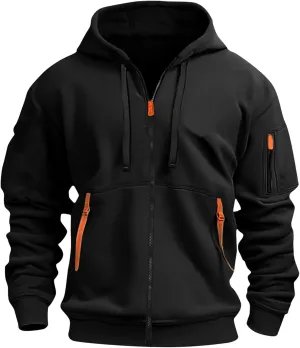 Zip Up Tactical Hoodies for Men Loose Fit Workout Fleece Jacket Big and Tall Cotton Hooded Sweatshirt with Pockets