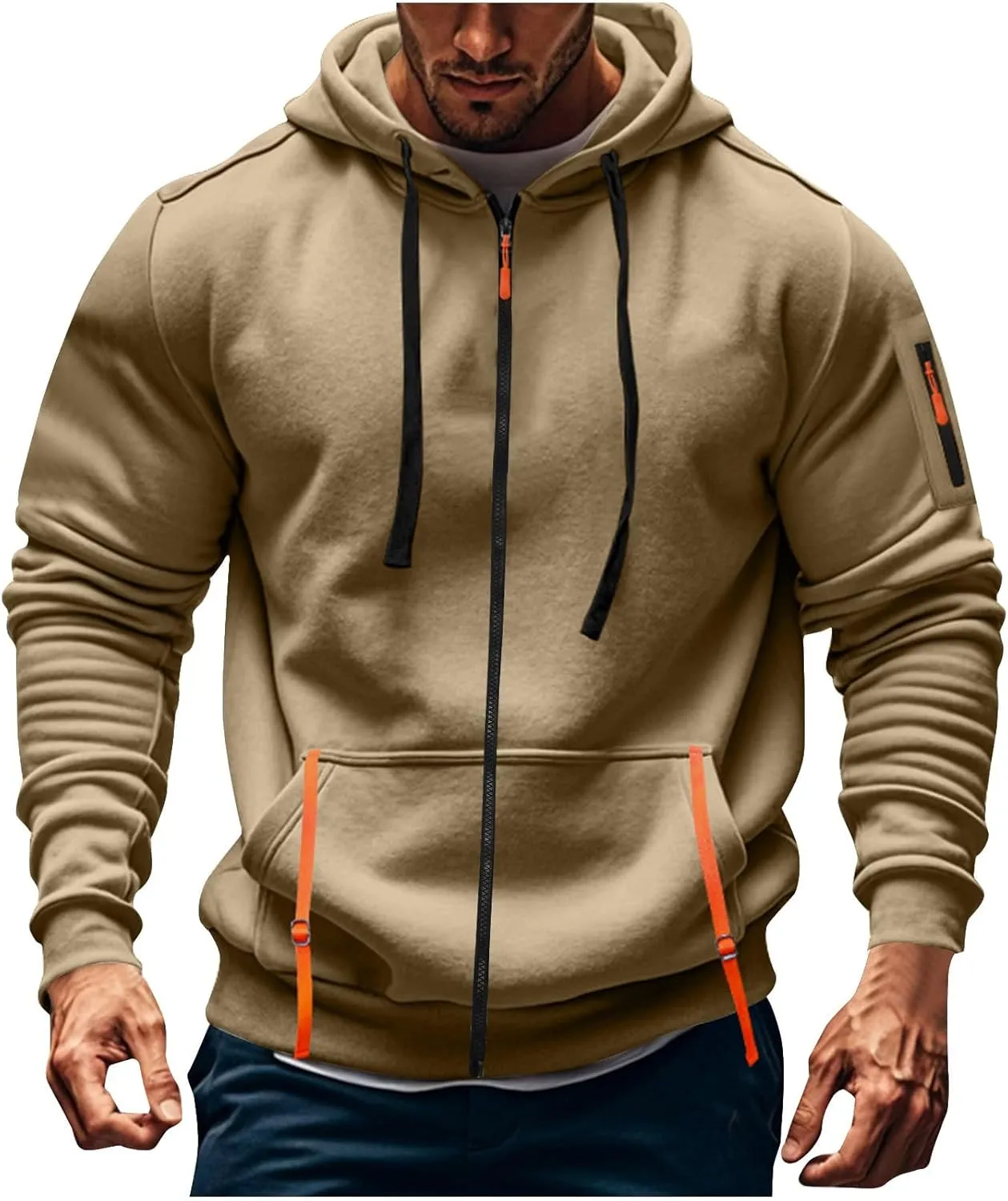 Zip Up Tactical Hoodies for Men Loose Fit Workout Fleece Jacket Big and Tall Cotton Hooded Sweatshirt with Pockets