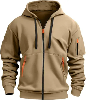 Zip Up Tactical Hoodies for Men Loose Fit Workout Fleece Jacket Big and Tall Cotton Hooded Sweatshirt with Pockets